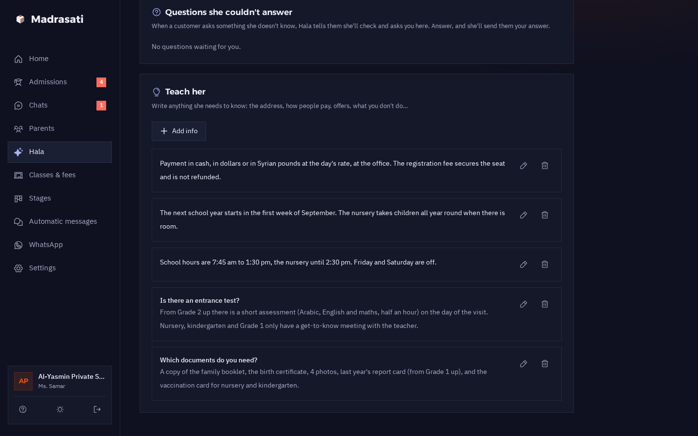 Hala's “Teach her” page in dark mode