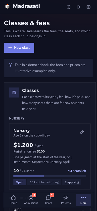 Classes and fees on a phone in dark mode