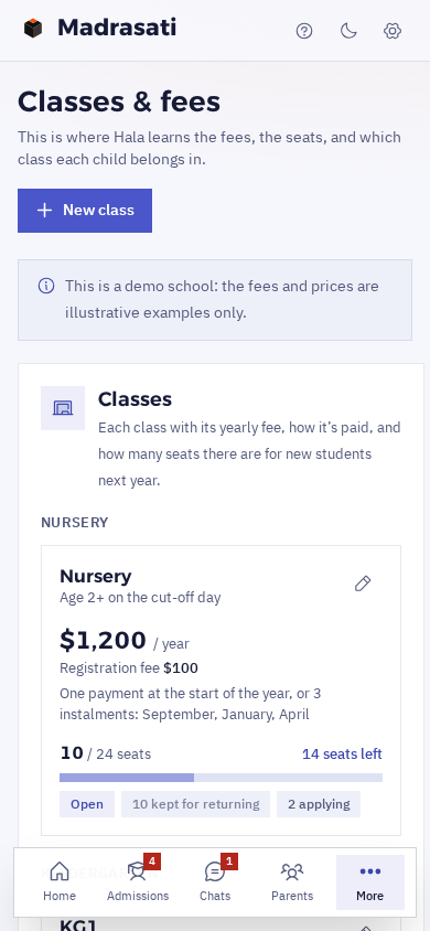 Classes and fees on a phone: the nursery at $1,200 a year with a $100 registration fee, the instalments, and the seats bar at 10 of 24
