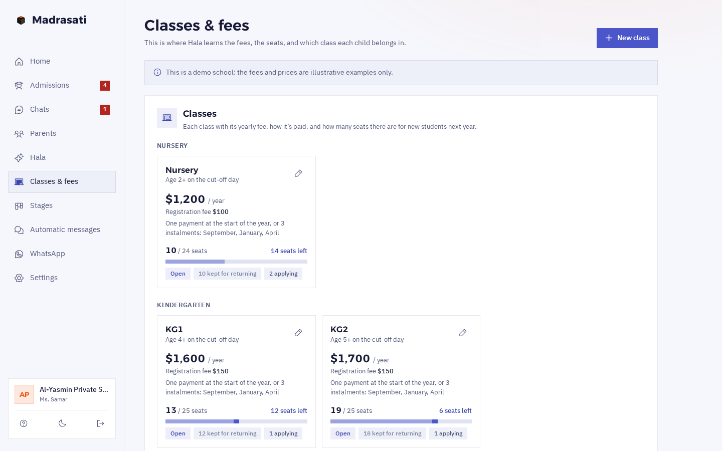 The classes and fees page: Nursery, KG1 and KG2, each with its age rule, yearly fee, registration fee, instalments, seats bar and admissions status