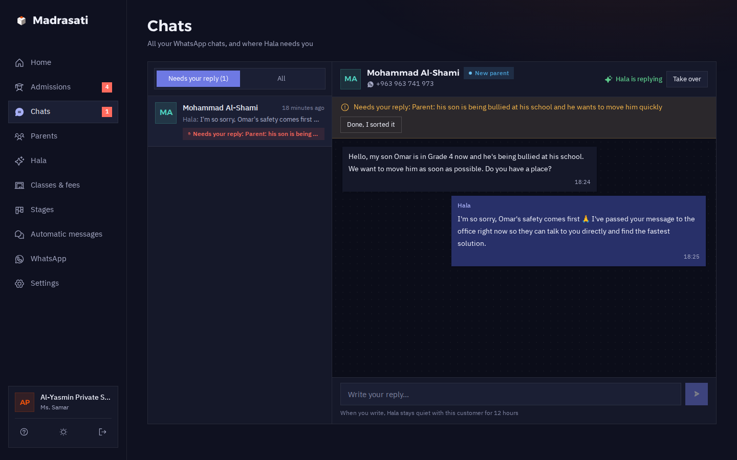 The chats page in dark mode with the chat handed over to the office