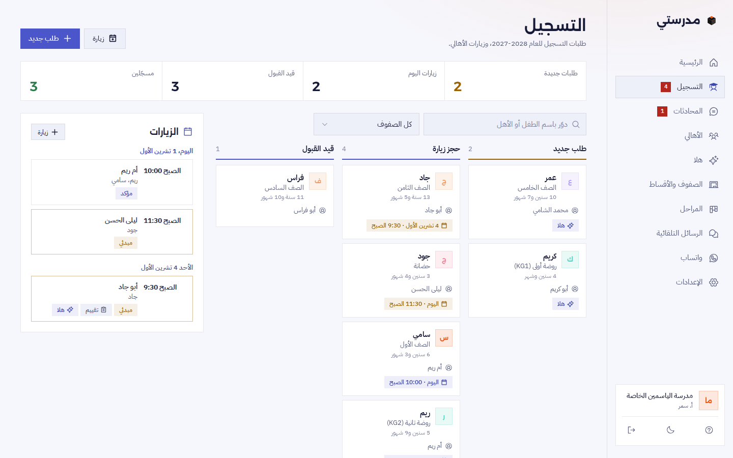 صفحة التسجيل بمدرستي: طلبات جديدة، حجز زيارة، وقيد القبول، على كل طفل صفّه وعمره وولي أمره وموعد زيارته، وعلامة «هلا» على اللي فتحته المساعدة، وجنبها زيارات اليوم والأحد